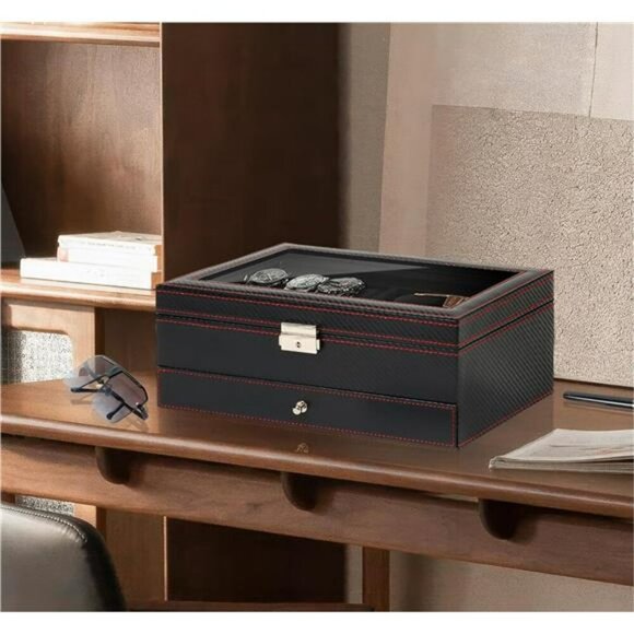 Mens Watch Jewelry Box Organizer with Glass Lid Sunglass Storage Gift Case - Picture 6 of 7